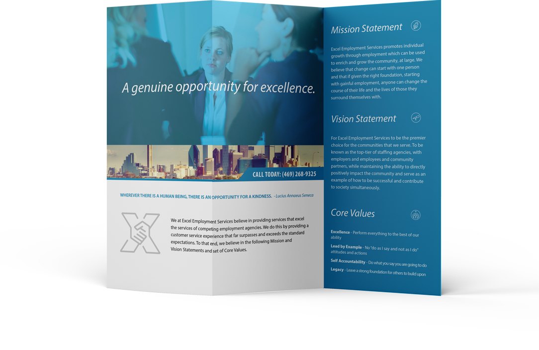 Excel trifold brochure, mission and vision spread